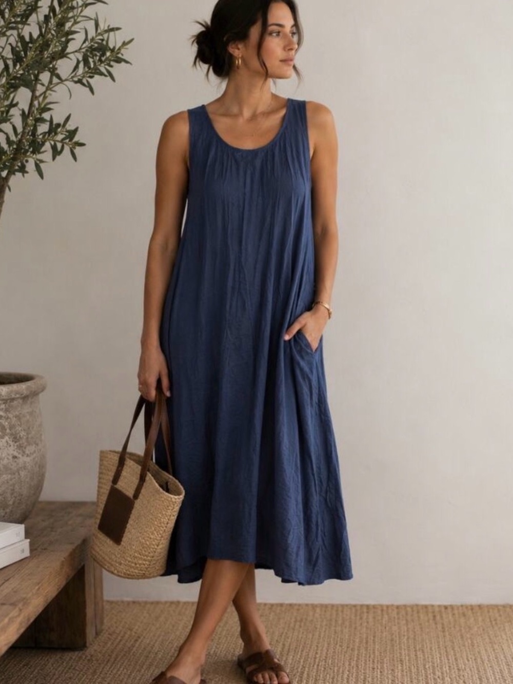 CP SHADES Sleeveless Cotton Silk Midi Tent Dress Navy Blue Sz Large